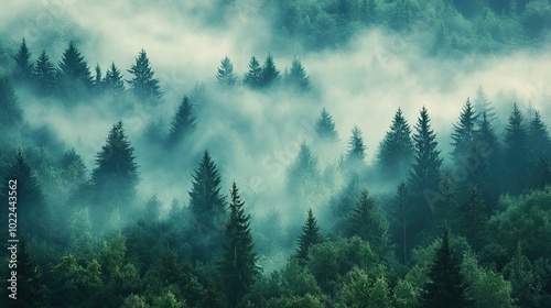 Misty Forest with Tall Pine Trees