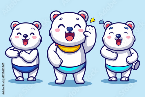 A set of cute white polar bear emoticons, with various expressions and movements such as crying, laughing, rolling their eyes, winking, shaking hands to say hello, doing the Dab dance, hugging their 