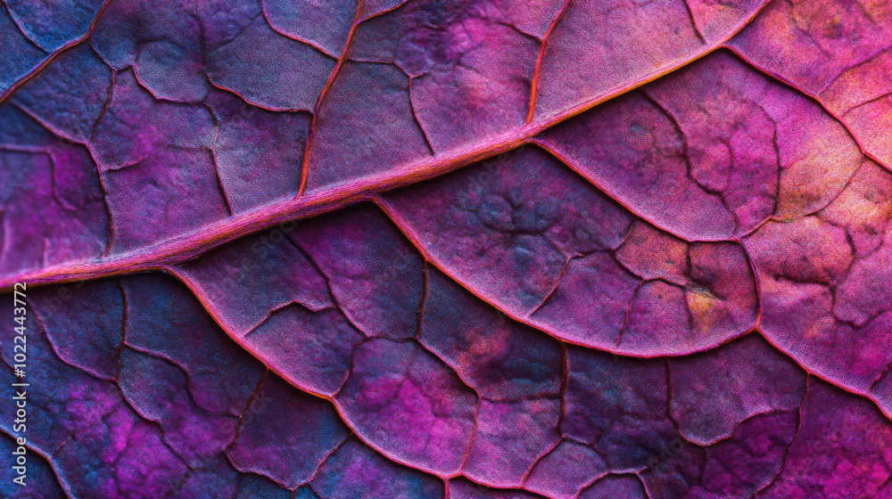 Fototapeta premium Close-up of vibrant purple and red leaf texture showing intricate vein details
