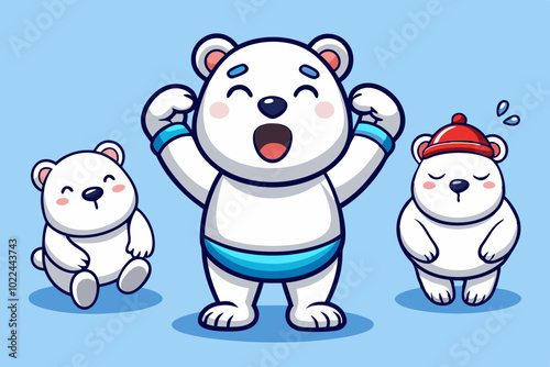 A set of cute white polar bear emoticons, with various expressions and movements such as crying, laughing, rolling their eyes, winking, shaking hands to say hello, doing the Dab dance, hugging their 