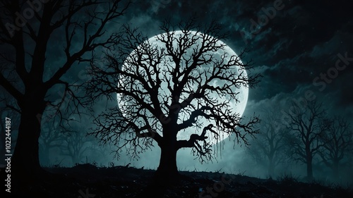 Silhouette of tree branches in forest and blue full moon at midnight with bright and dark clouds, concept of scary and horror