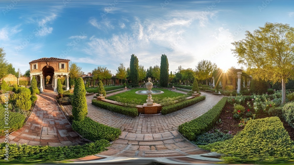 A panoramic 360 view of an opulent European-style garden, featuring manicured landscapes, elegant pathways, and complete facilities for outdoor gatherings. A panoramic 360 view of an opulent European-style garden, featuring manicured landscapes, elegant pathways, and complete facilities for outdoor gatherings.