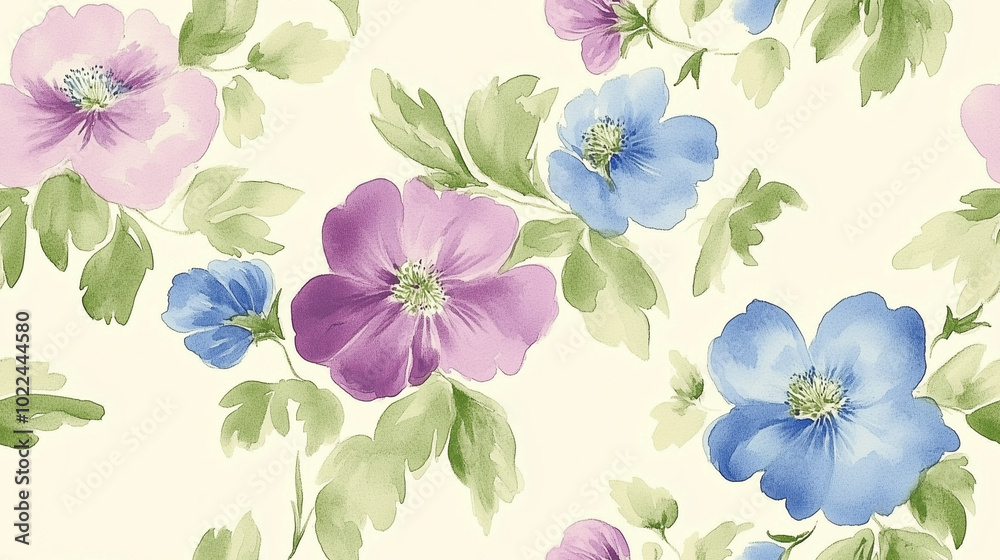 Obraz premium Delicate watercolor flower illustration in soft pastel colors, arranged on a light background with minimalist style, featuring a seamless pattern for holiday and winter themes, elegant and hand-painte