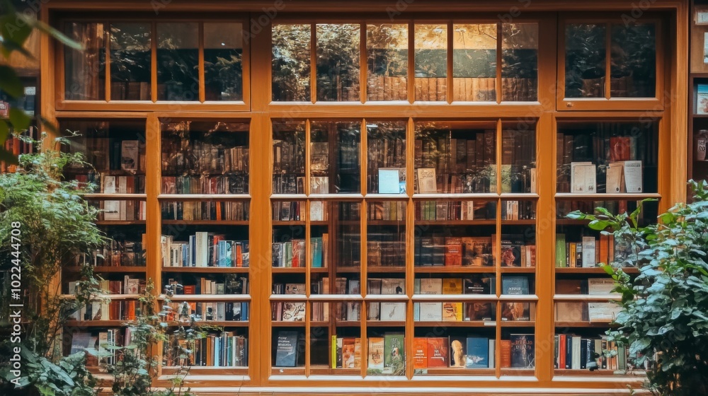 Wooden Window with a View of Bookshelves Wooden Window with a View of Bookshelves