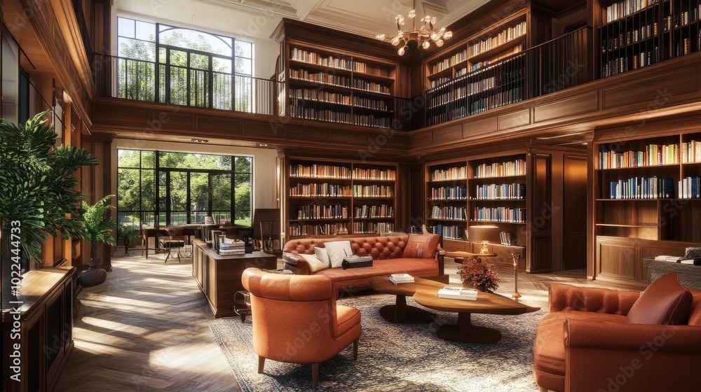 Elegant European-style library with a panoramic 360 perspective, highlighting rich wood finishes, cozy reading nooks, and complete facilities for book lovers. Elegant European-style library with a panoramic 360 perspective, highlighting rich wood finishes, cozy reading nooks, and complete facilities for book lovers.