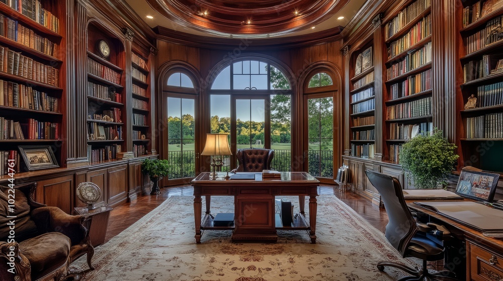 Elegant European-style home office with a panoramic 360 perspective, highlighting sophisticated furniture, bookshelves, and complete work-from-home facilities.