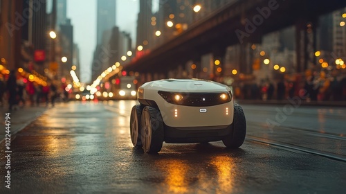 a sleek autonomous delivery robot expertly navigating bustling urban streets showcasing the future of robotics in lastmile delivery with vibrant city life in the background photo