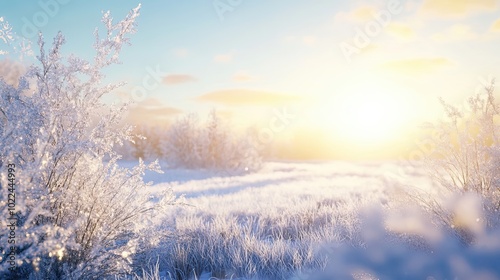 Frost-Covered Branches and Grass in a Winter Landscape at Sunset