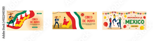 Men and women in parade on the occasion of Cinco de Mayo. Mexican Cinco de Mayo with female dancers and mariachi musicians. Happy Cinco de Mayo. Set flat vector modern illustrations