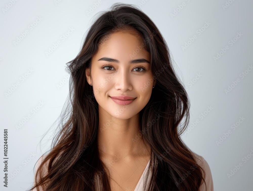 closeup portrait of beautiful smiling asian indian woman with long hair looking at camera on white background studio shot for dental ad beauty and skin care closeup portrait of beautiful smiling asian indian woman with long hair looking at camera on white background studio shot for dental ad beauty and skin care