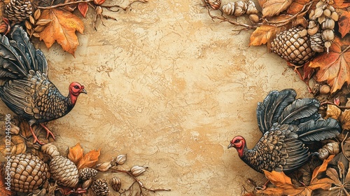 a decorative border created with hand-drawn turkeys and acorns, surrounding a warm, textured background for a Thanksgiving card. photo