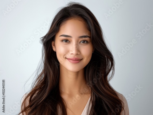 closeup portrait of beautiful smiling asian indian woman with long hair looking at camera on white background studio shot for dental ad beauty and skin care