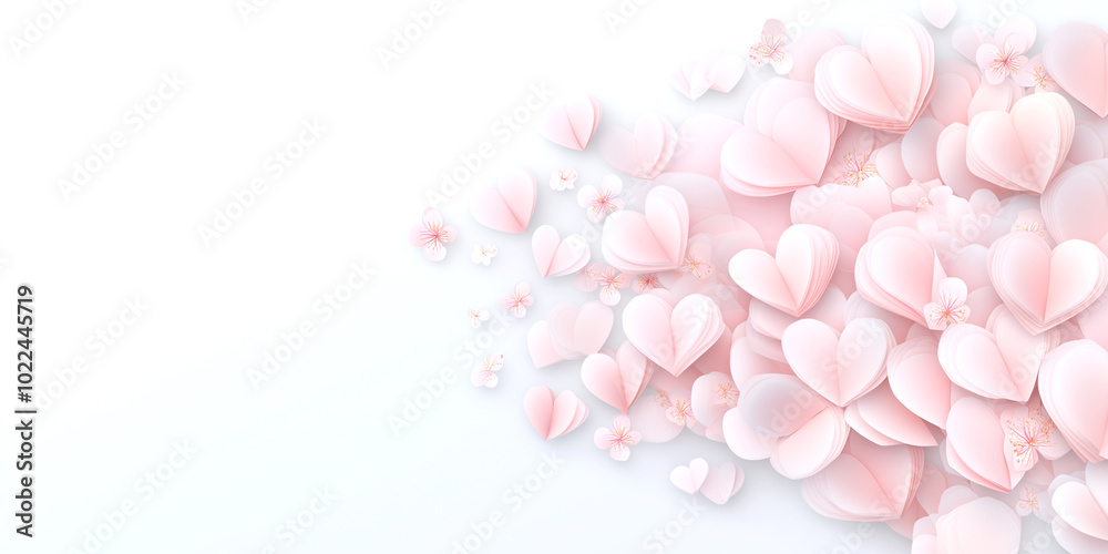 Obraz premium A white background with a large pink flowery heart. The heart is made of paper and is scattered all over the background