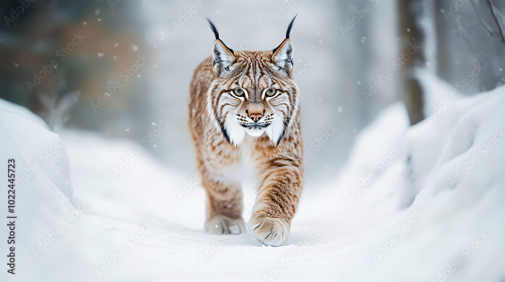 Fototapeta premium Lynx face in snow, winter wildlife in Europe, Slovakia. Lynx walking in a snowy forest in February.