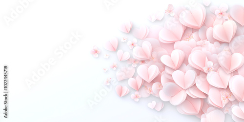 A white background with a large pink flowery heart. The heart is made of paper and is scattered all over the background