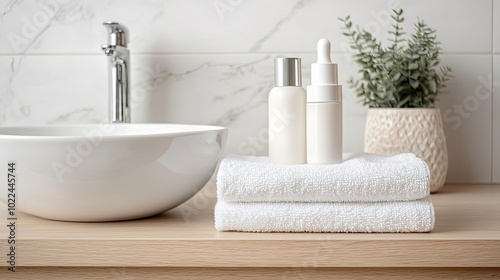 A serene bathroom scene featuring a white bowl sink, skincare products, fluffy towels, and a decorative plant against a marble backdrop.