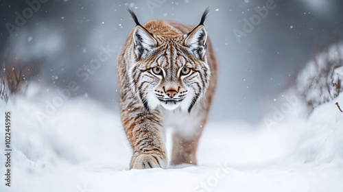 Lynx face in snow, winter wildlife in Europe, Slovakia. Lynx walking in a snowy forest in February.