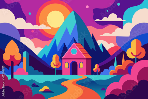 Enchanting and Vibrant Mountain Landscape Illustration - Cozy Cottage Nestled Amidst Colorful Hills and Trees, Under a Surreal Sunset Sky with Bold and Dreamlike Hues