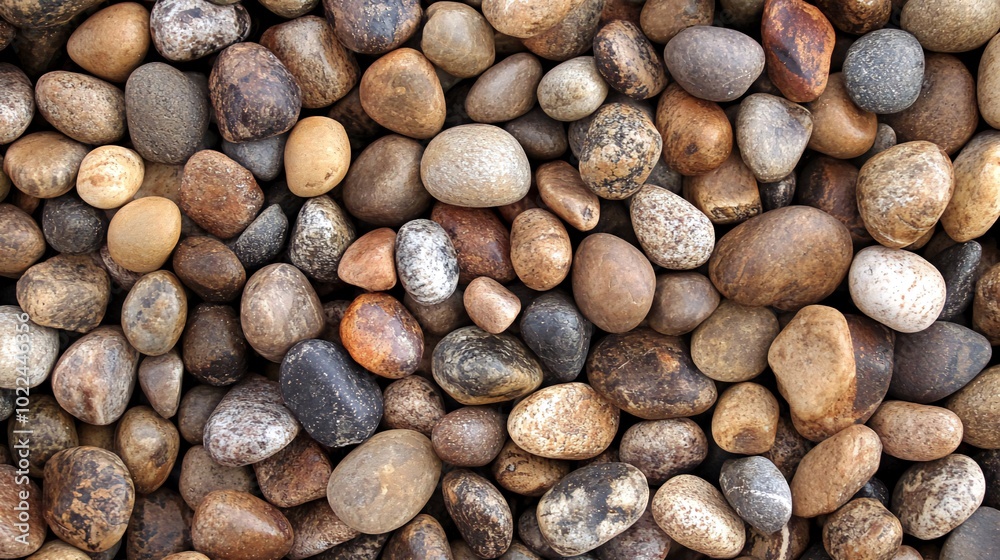 A close-up shot of various smooth, round, multicolored pebbles. A close-up shot of various smooth, round, multicolored pebbles.