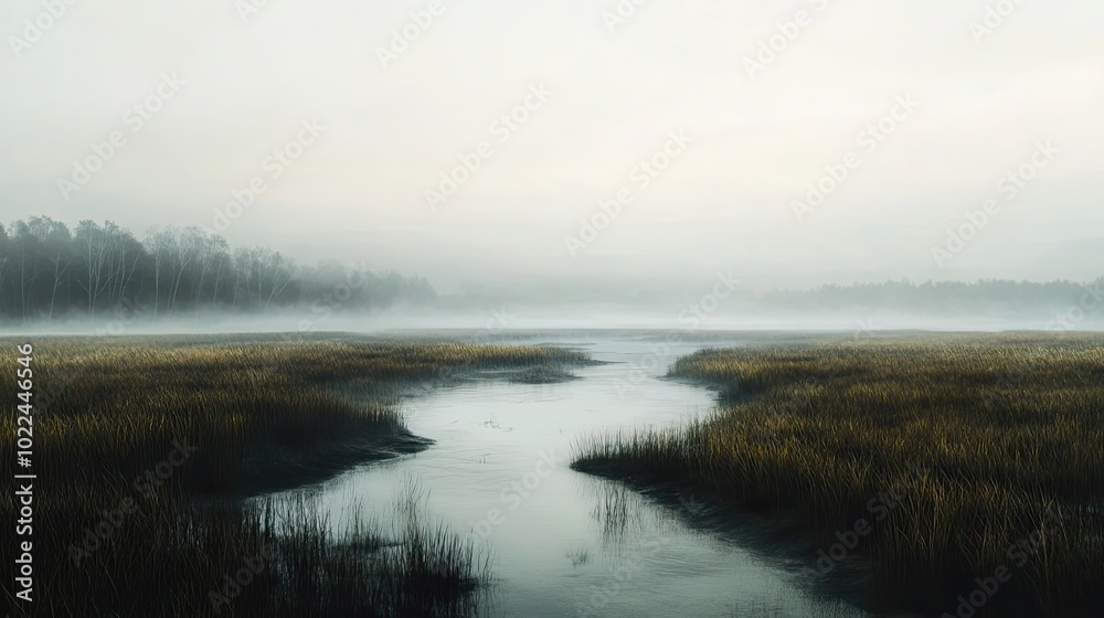 A Serene River Winding Through a Misty Meadow A Serene River Winding Through a Misty Meadow