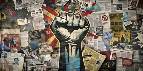 Raised fist symbolizing confrontation in street art style with collages and newspapers.







