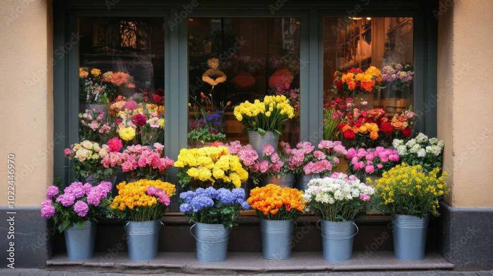 Colorful Flower Arrangements Displayed in Metal Buckets Outside a Shop Window Colorful Flower Arrangements Displayed in Metal Buckets Outside a Shop Window