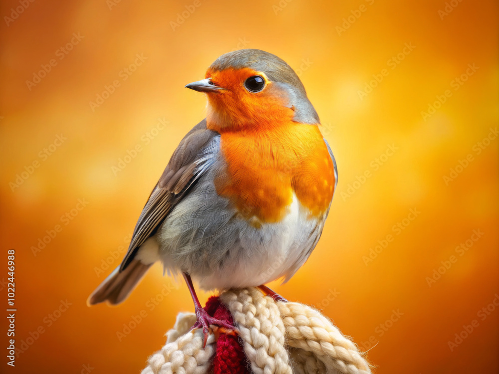 Fototapeta premium bird with vibrant orange chest sits gracefully on cozy scarf against warm background, exuding charming and inviting presence