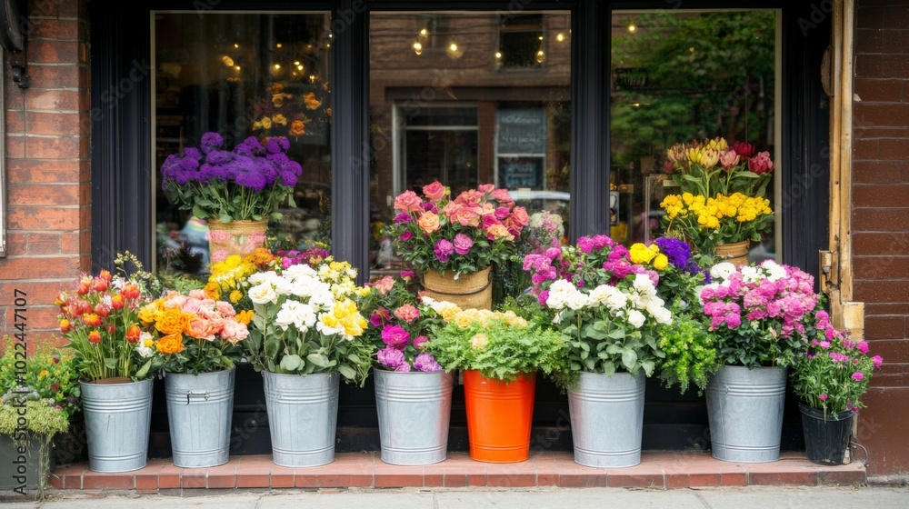 Fototapeta premium Colorful Flower Arrangements in Metal Buckets Outside a Shop