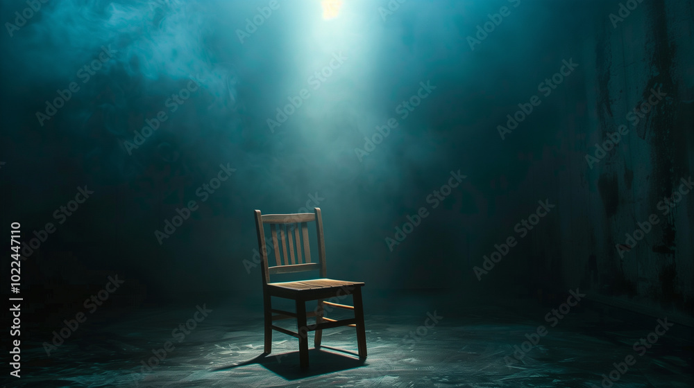 Empty wooden chair under a spotlight in a dark, foggy room Empty wooden chair under a spotlight in a dark, foggy room
