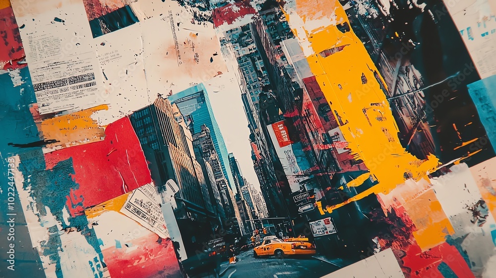 Fototapeta premium Retro New York City collage, yellowed newspaper clippings, art deco posters, stamp collection