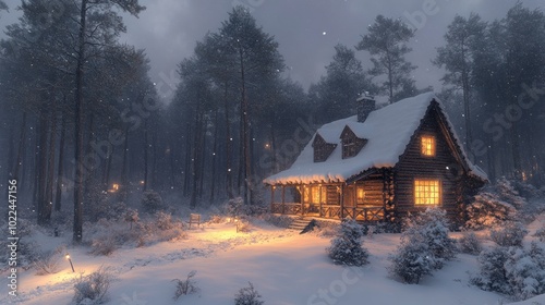 Cozy cabin in a snowy forest, illuminated by warm lights.