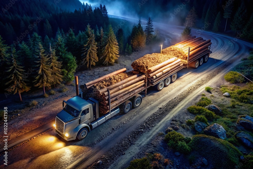 Night Photography of a Simple Logging Truck Hauling Logs in Side View on Transparent Background Night Photography of a Simple Logging Truck Hauling Logs in Side View on Transparent Background