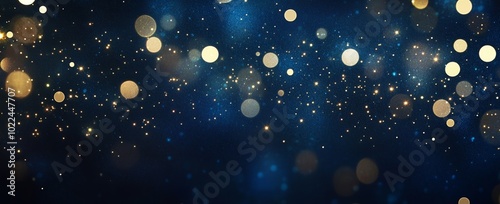 Dark blue background with sparkling glitter and bokeh lights, abstract night sky banner, stars in dark space, Christmas or New Year theme.
