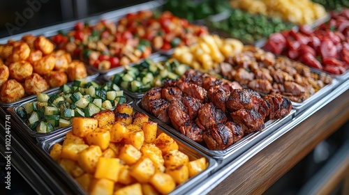 artfully arranged catering buffet featuring an array of colorful meat and vegetable dishes the vibrant presentation embodies celebration and culinary creativity inviting guests to indulge