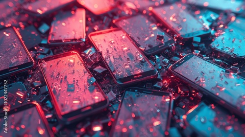 Stack of Mobile Phones with Blank Screens and Parts on Table in Dark Background Highlighting Technology and Recycling Concept photo