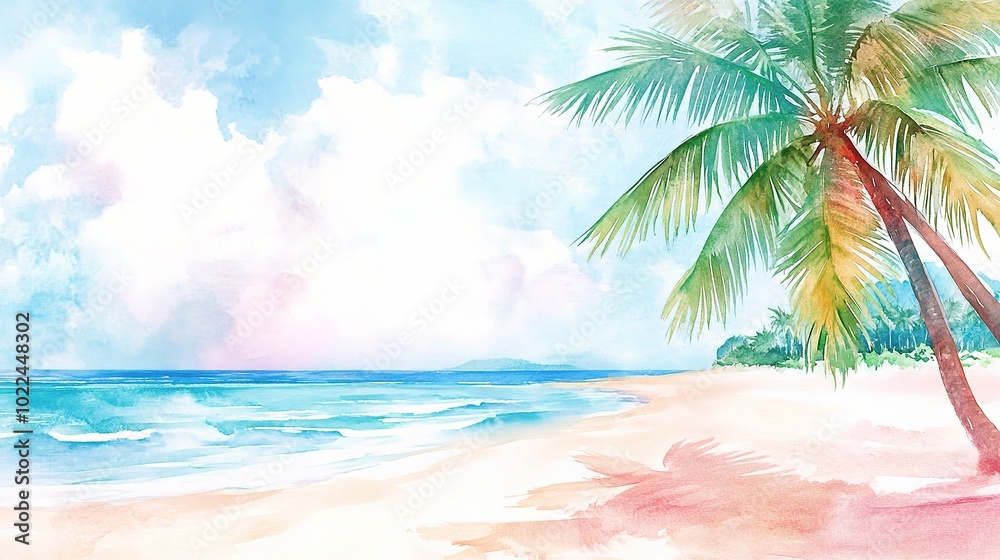 Obraz premium Serene Coastal Landscape with Palm Trees and Ocean Waves