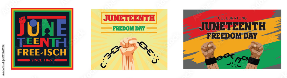 Juneteenth Free ish Since June 19, 1865. Black Arm breaking chains. Juneteenth Celebrate Black Freedom. Set flat vector modern illustration Juneteenth Free ish Since June 19, 1865. Black Arm breaking chains. Juneteenth Celebrate Black Freedom. Set flat vector modern illustration