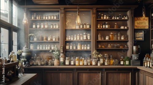 Vintage Apothecary Shop Interior with Shelves of Glass Bottles and Jars