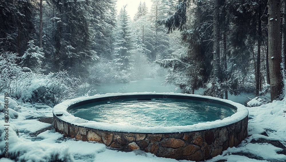 A round hot tub in the middle of a forest, in winter, with snow on the trees A round hot tub in the middle of a forest, in winter, with snow on the trees