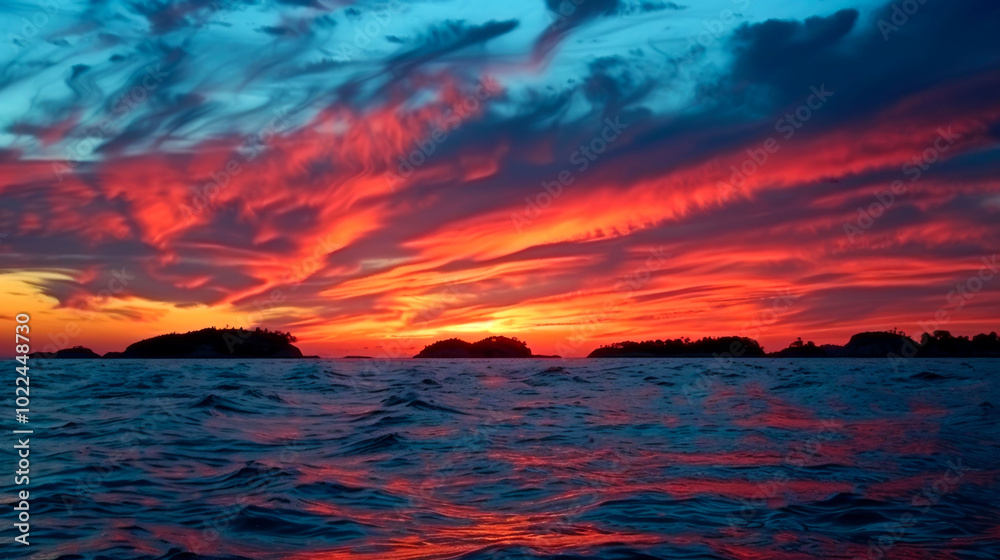 A vibrant sunset over the ocean, showcasing dramatic clouds and silhouetted islands.