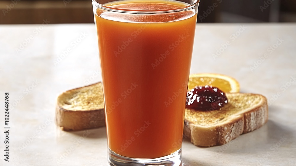 A glass of orange juice with toast and jam. A glass of orange juice with toast and jam.