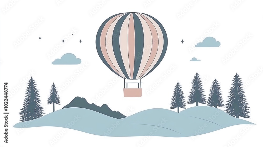 Obraz premium A hot air balloon floats above rolling hills with pine trees and a few clouds in the sky.