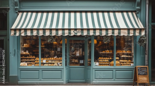 Wallpaper Mural Green-Trimmed Storefront with Striped Awning and Display of Pastries Torontodigital.ca