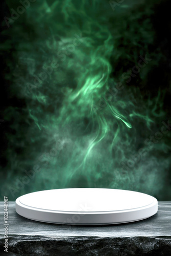 Futuristic product display pedestal with mysterious green smoke background