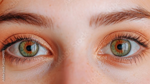 A close-up of striking green eyes with golden makeup, highlighting vibrant colors and detailed eyelashes.