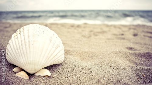 A large seashell rests on a sandy beach with the ocean in the background.