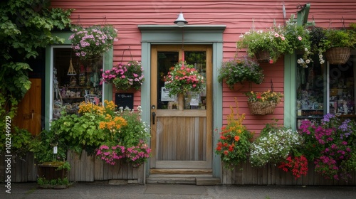 Pink-Painted Building with Flowers and Wooden Door