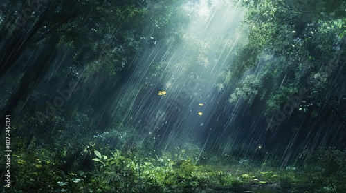 Rain Falling Through Dense Forest Canopy