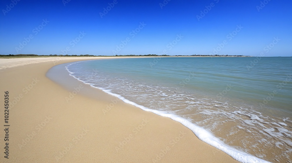 A pristine sandy beach with gentle waves lapping at the shore under a clear blue sky. A pristine sandy beach with gentle waves lapping at the shore under a clear blue sky.
