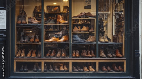 A Shoe Store Window Display Featuring an Array of Brown Leather Shoes photo